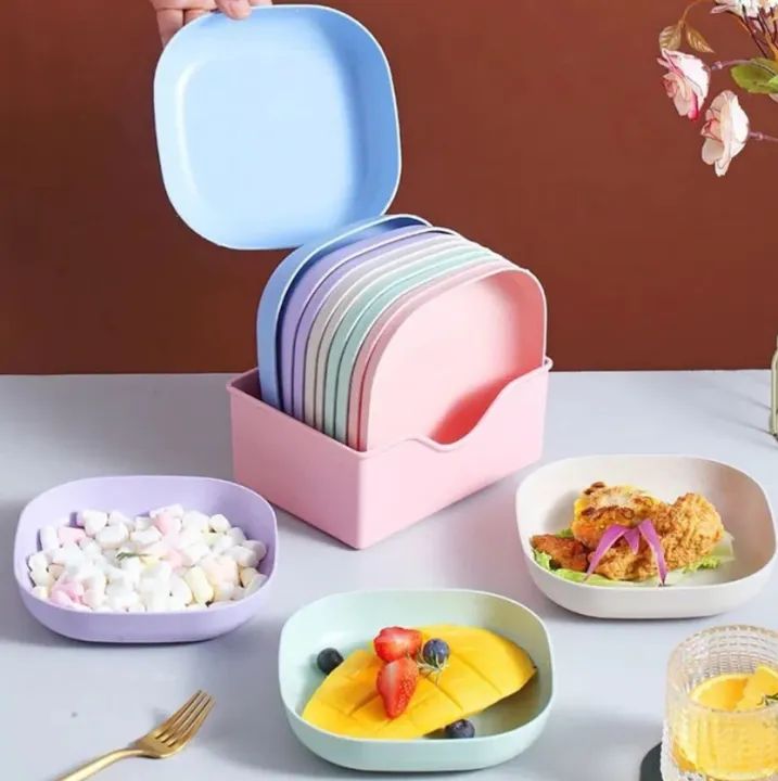 Kitchen Accessories Set Of 10 Square Plastic Dinner Plate Set Set of 10 Pcs Colorful Snacks Breakfast Plate with Stand Kitchen Tools 10Pcs MultiColor